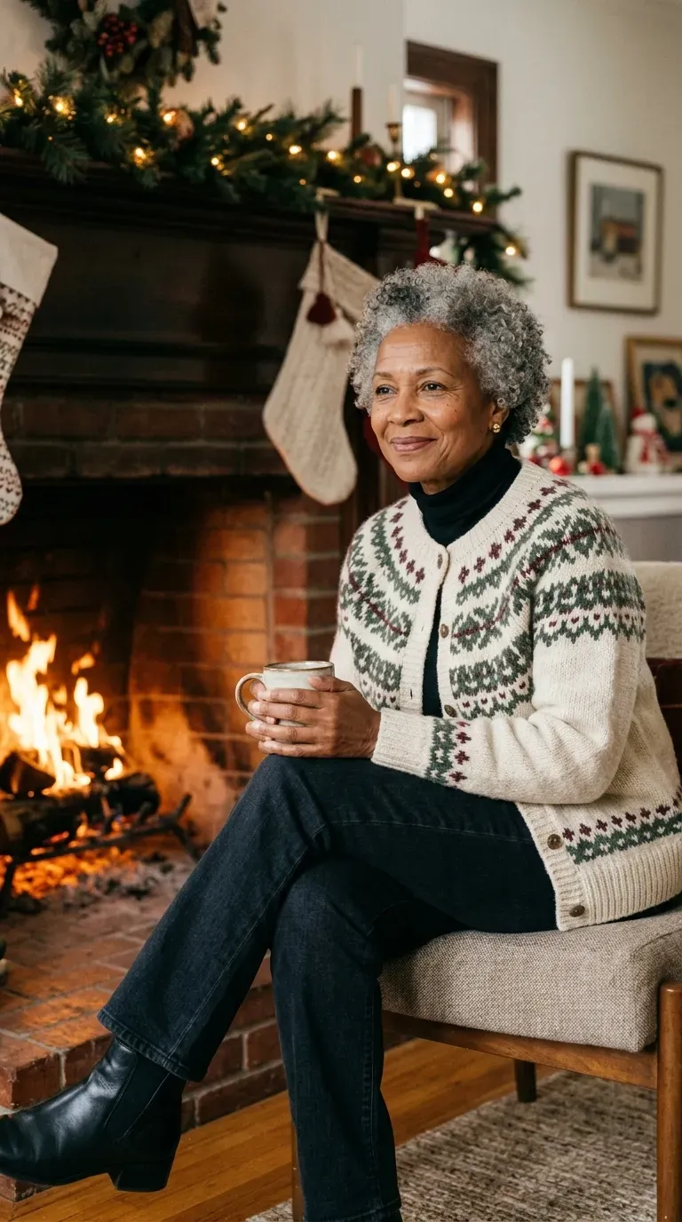 Woman over 50 in dark jeans, Fair Isle cardigan and ankle boots