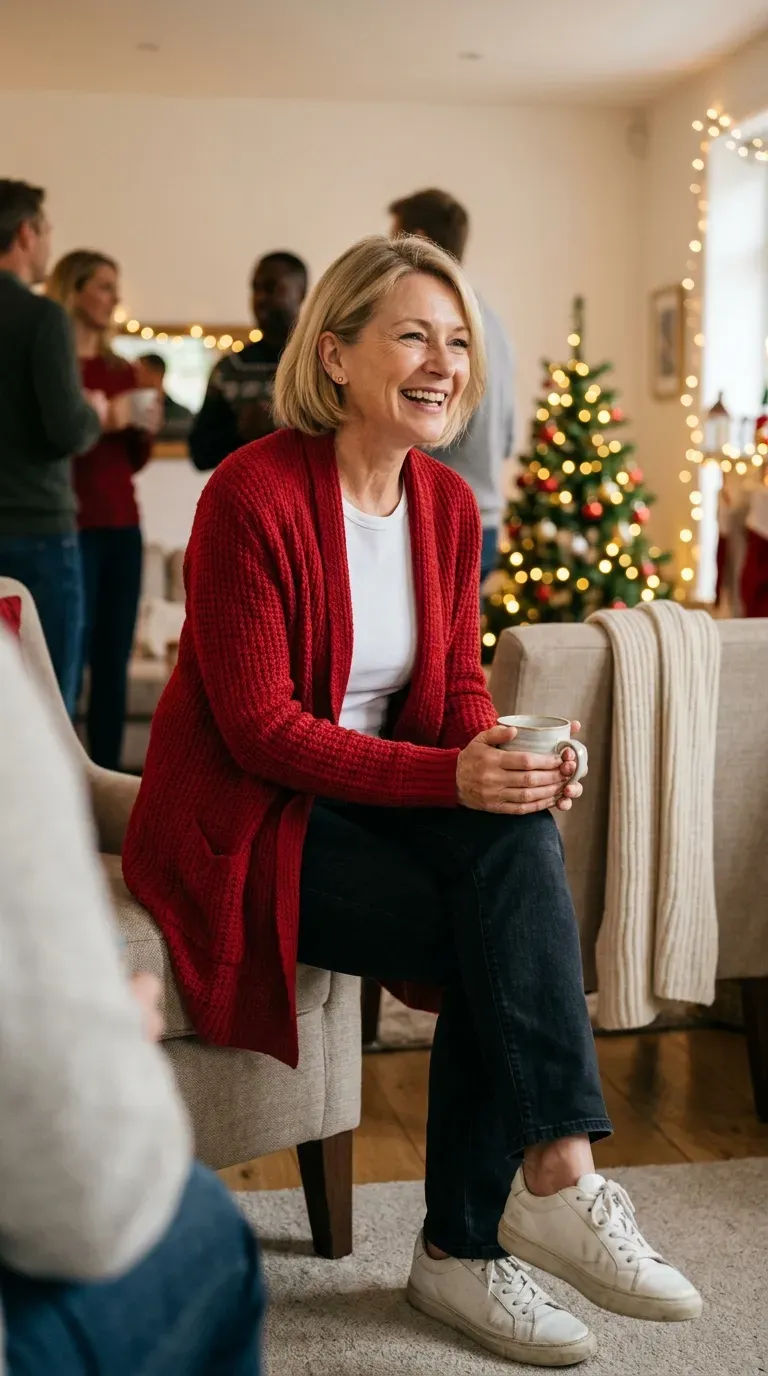 Woman over 50 in dark jeans, white tee and red cardigan at a festive gathering