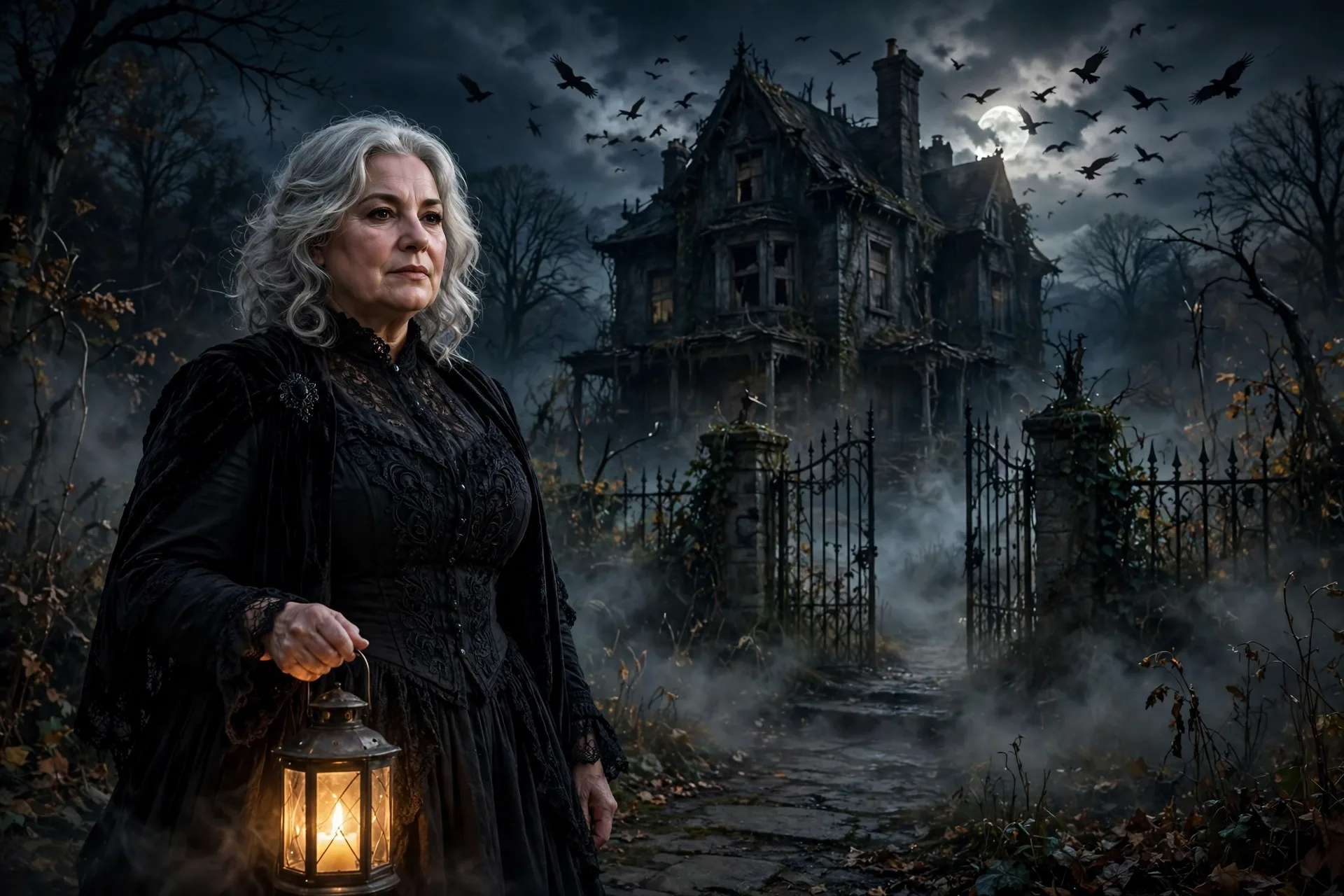 Plus size woman in a dark gray Victorian dress in a candlelit haunted hallway, a dark creepy Halloween scene