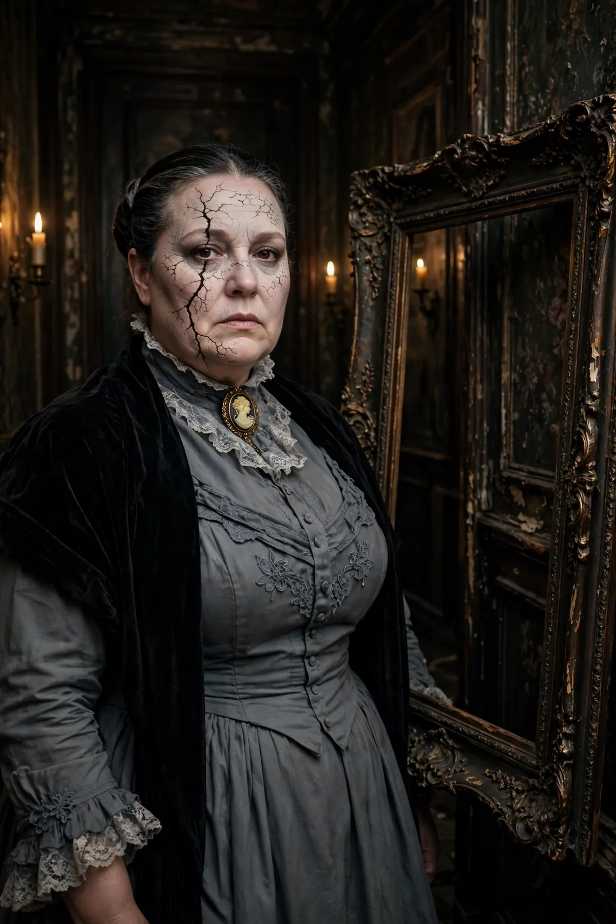 Plus size woman in a gray Victorian dress and velvet shawl, a cursed portrait creepy Halloween costume