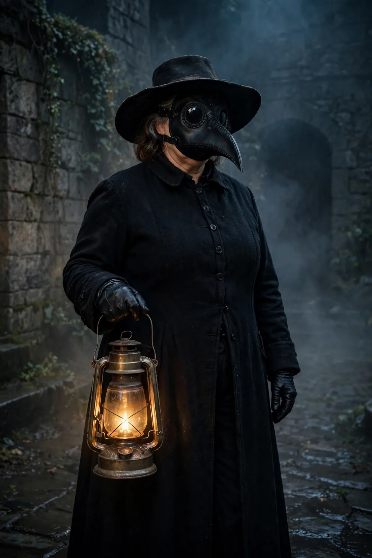 Plus size woman in a black coat and beaked mask, a plague doctor creepy Halloween costume