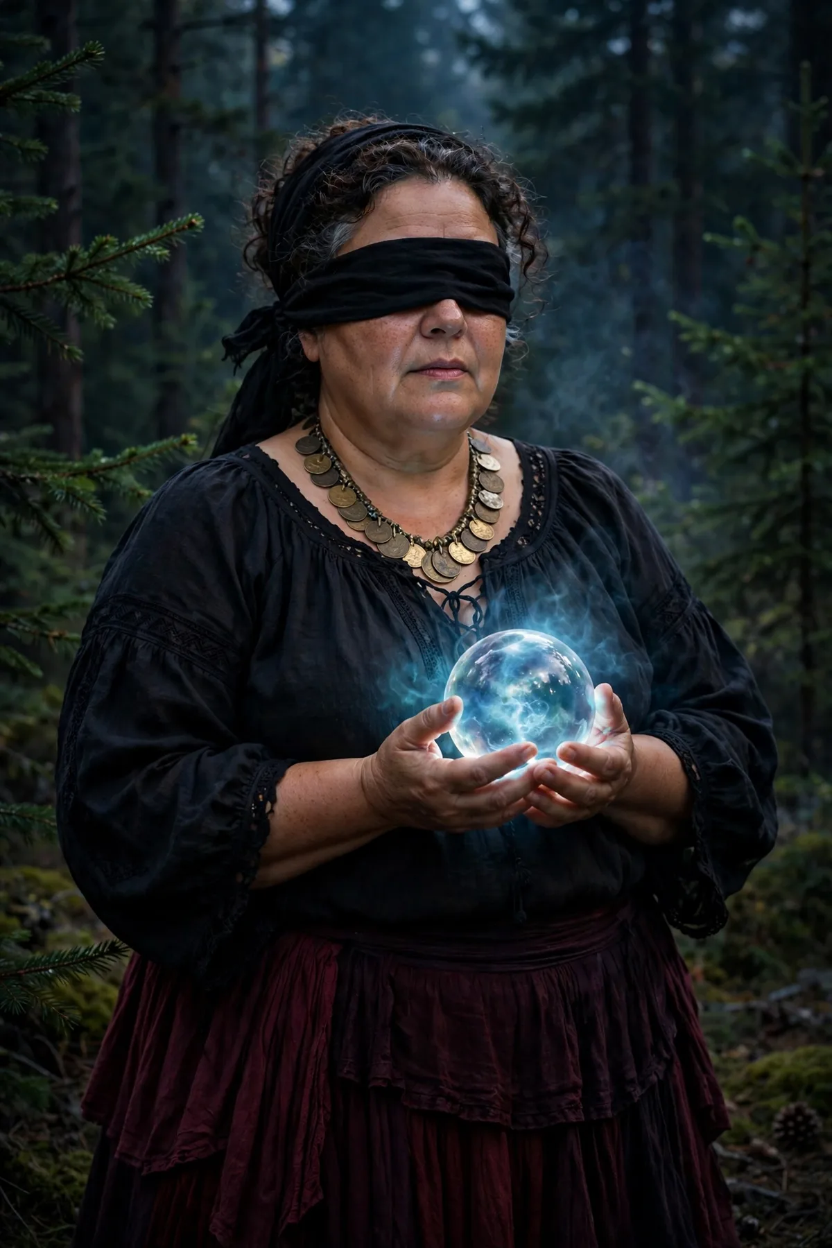 Plus size woman in a black blindfold and layered skirt, a blind seer dark Halloween costume