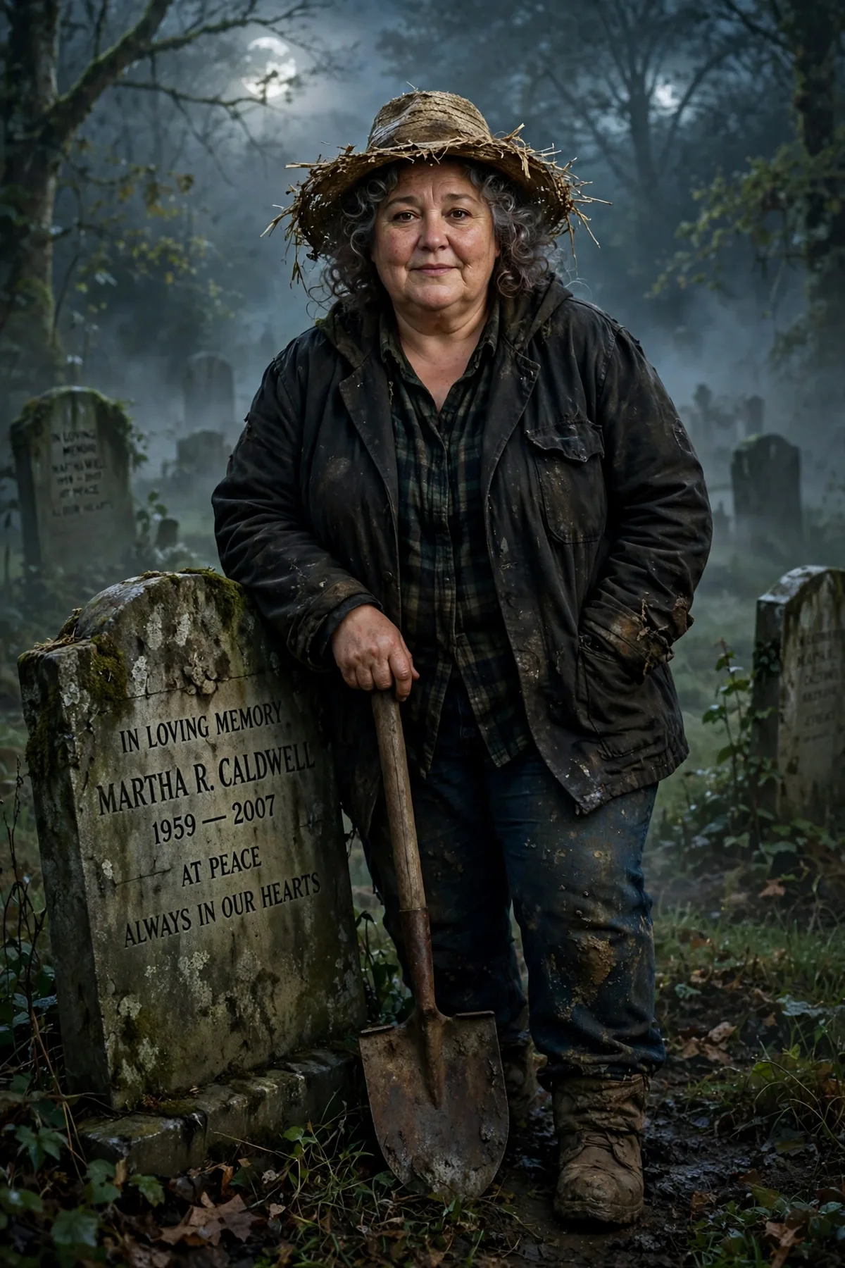 Plus size woman in a black work jacket and straw hat, a cemetery gardener creepy Halloween costume