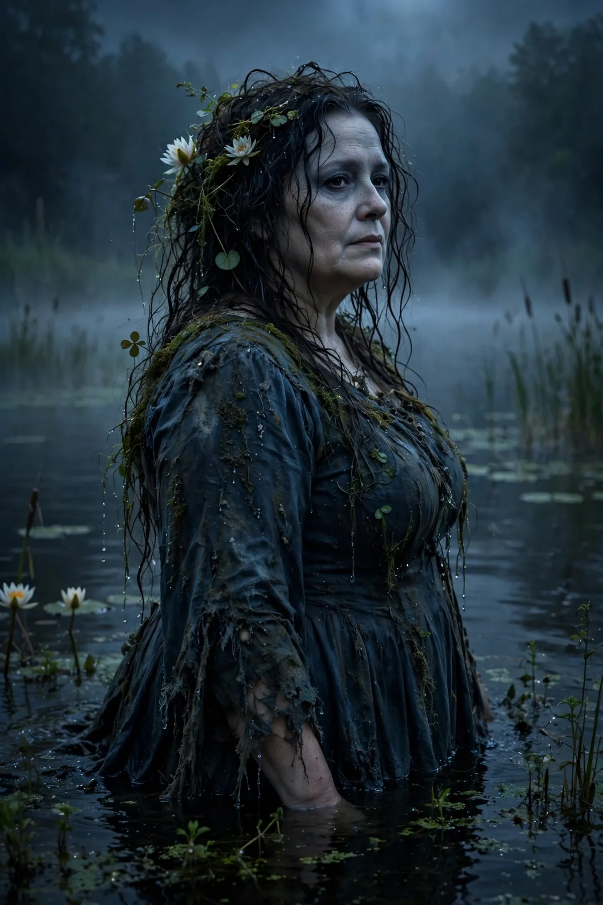 Plus size woman in a dark blue dress with wet hair and water lilies, a drowned lady of the lake creepy Halloween costume