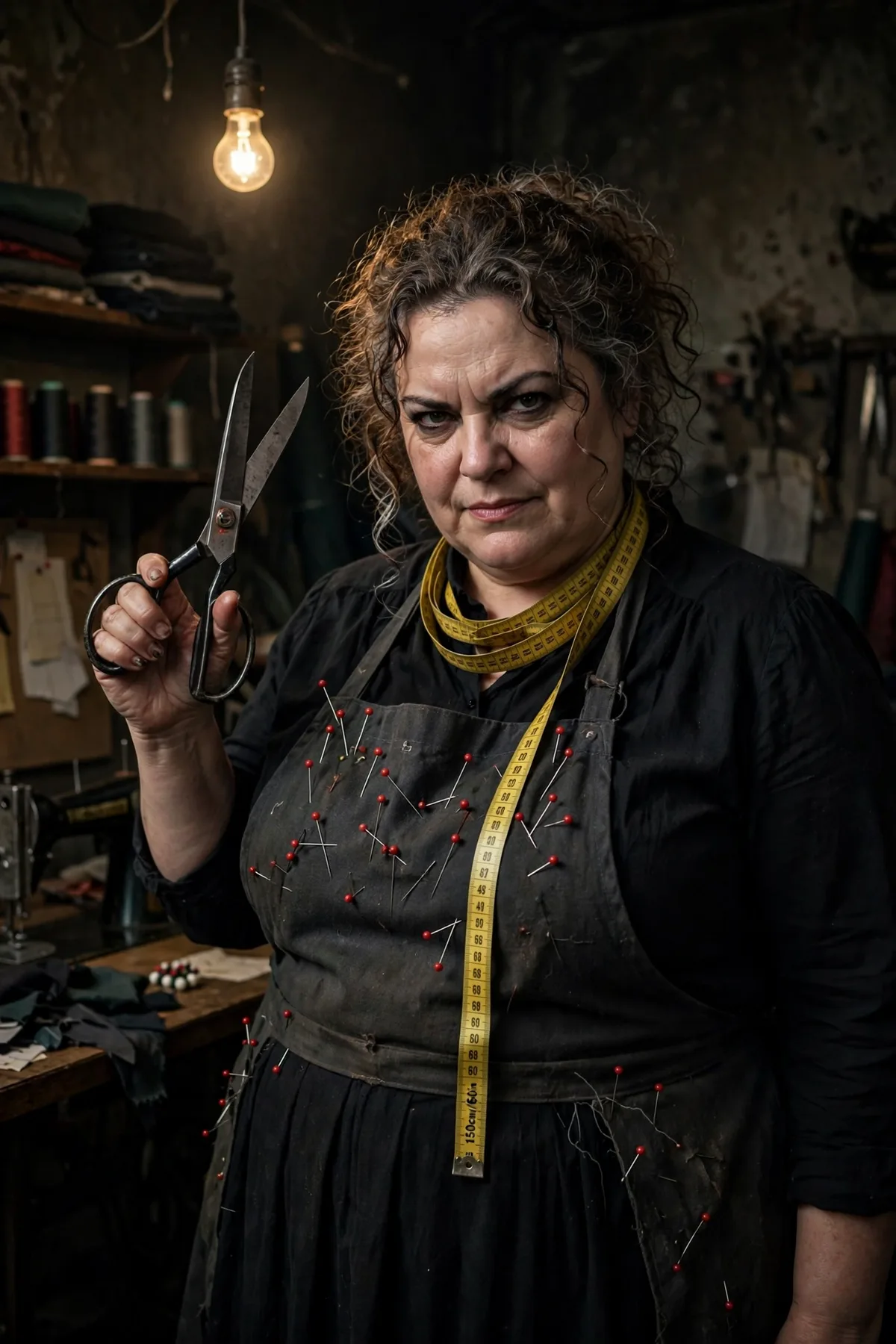 Plus size woman in a dark apron with pins and a measuring tape, a sinister seamstress dark Halloween costume