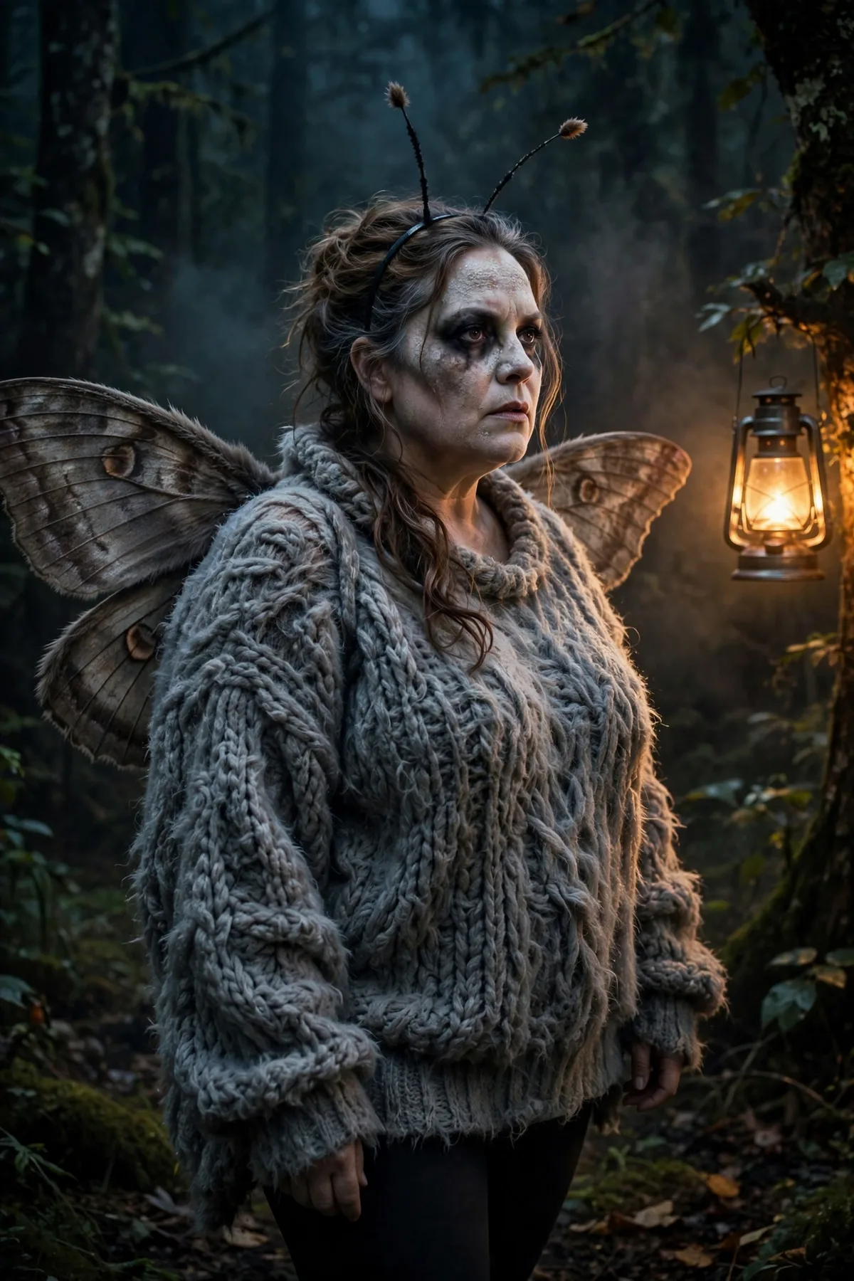 Plus size woman in a gray knit and fuzzy moth wings, a moth woman dark Halloween costume