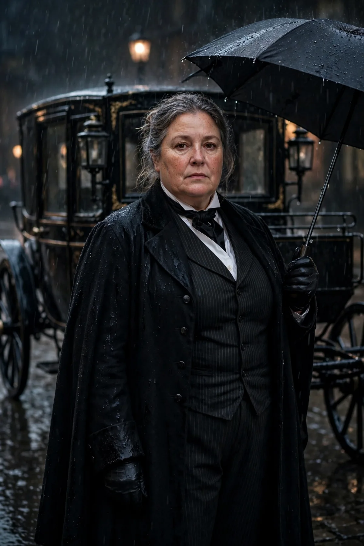 Plus size woman in pinstripe trousers and a black waistcoat, an undertaker creepy Halloween costume