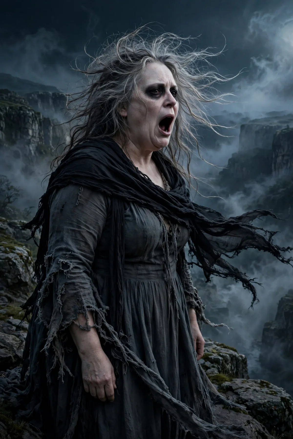 Plus size woman in a tattered gray dress and black shawl, a banshee dark Halloween costume