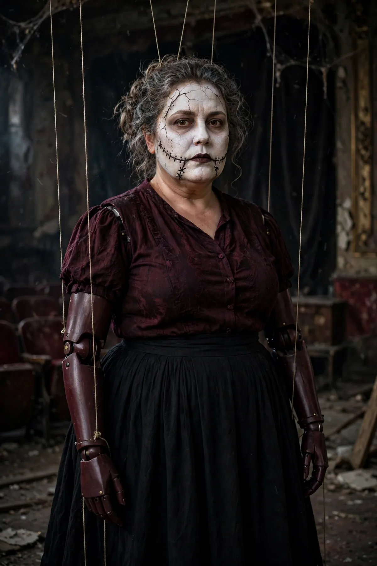 Plus size woman with cracked doll makeup and puppet strings, a cursed marionette creepy Halloween costume