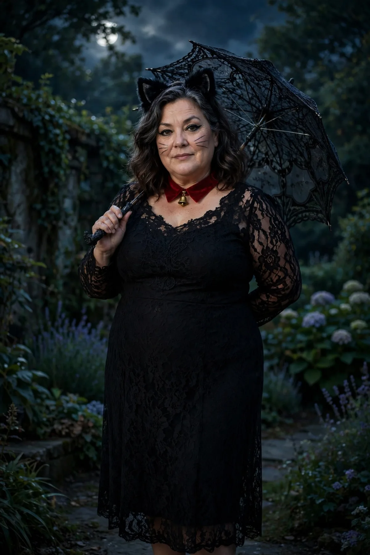 Plus size woman in black with cat ears and a lace parasol, a cat familiar dark Halloween costume