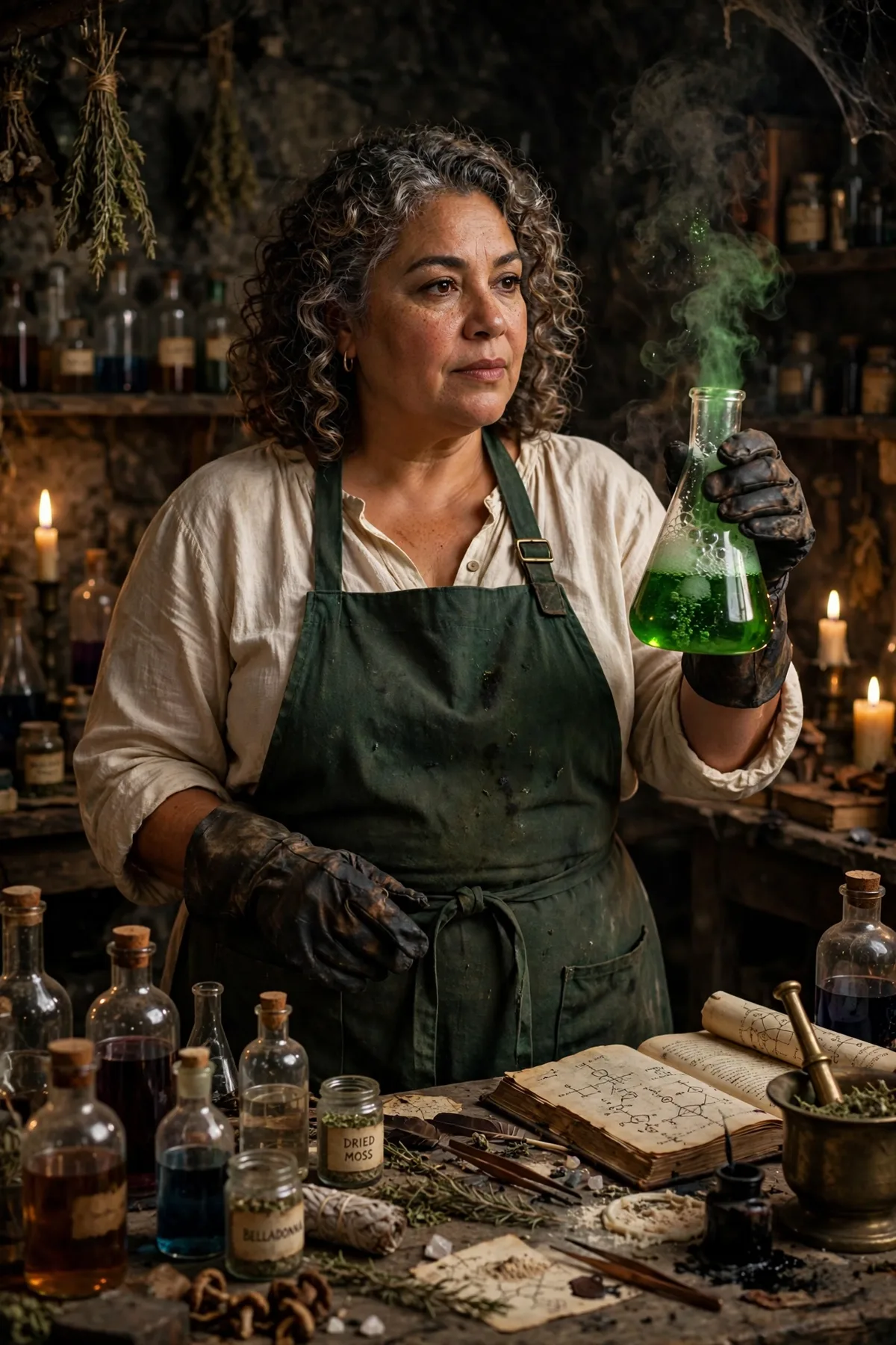 Plus size woman in a green work apron holding a flask, a dark alchemist creepy Halloween costume