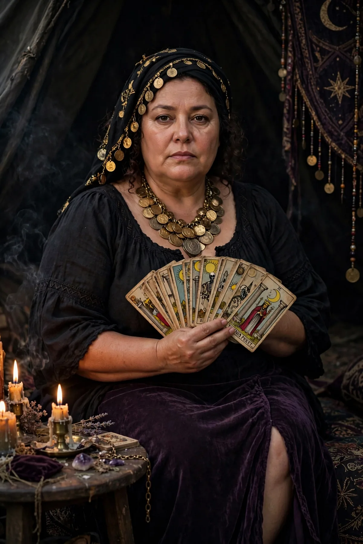 Plus size woman in a black headscarf and coin necklace, a dark fortune teller Halloween costume