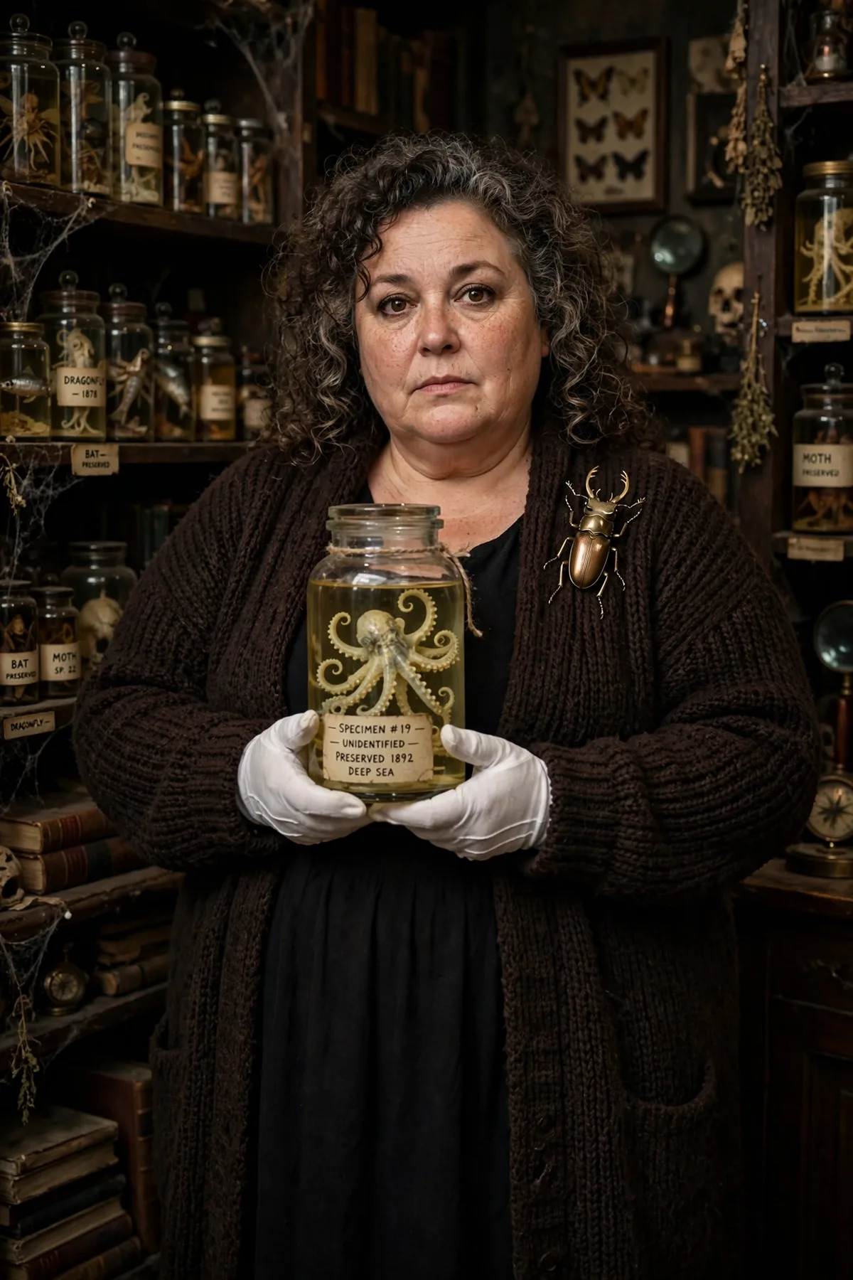 Plus size woman in a dark cardigan holding a specimen jar, a curiosity curator dark Halloween costume