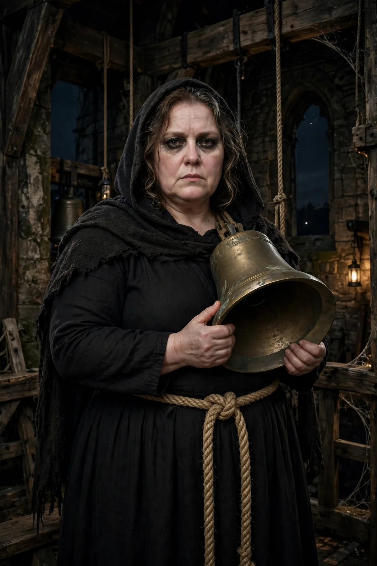 Plus size woman in a black dress with a rope belt holding a bell, a death-knell ringer creepy Halloween costume