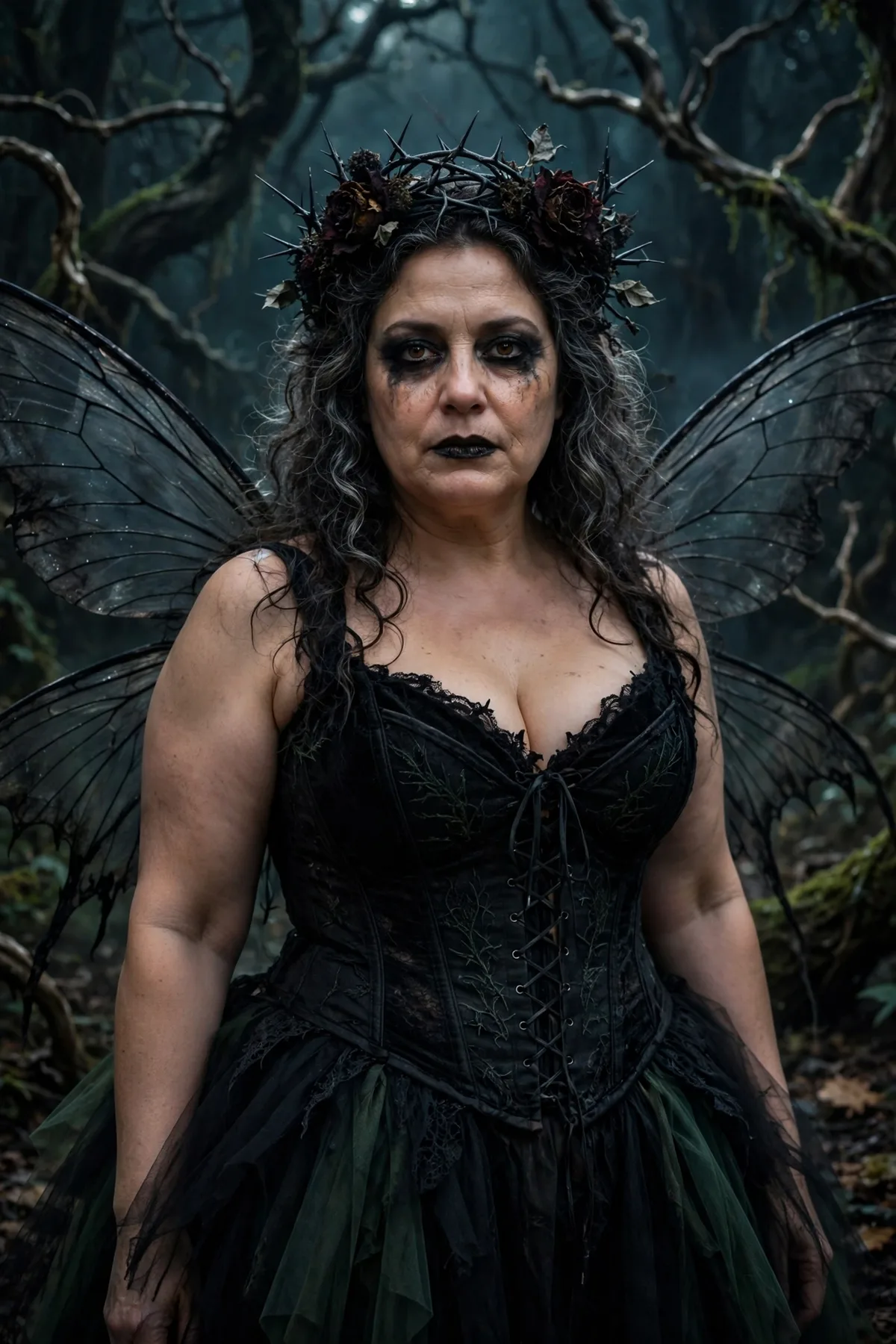 Plus size woman in a black tulle skirt and thorn crown, an unseelie dark fairy Halloween costume