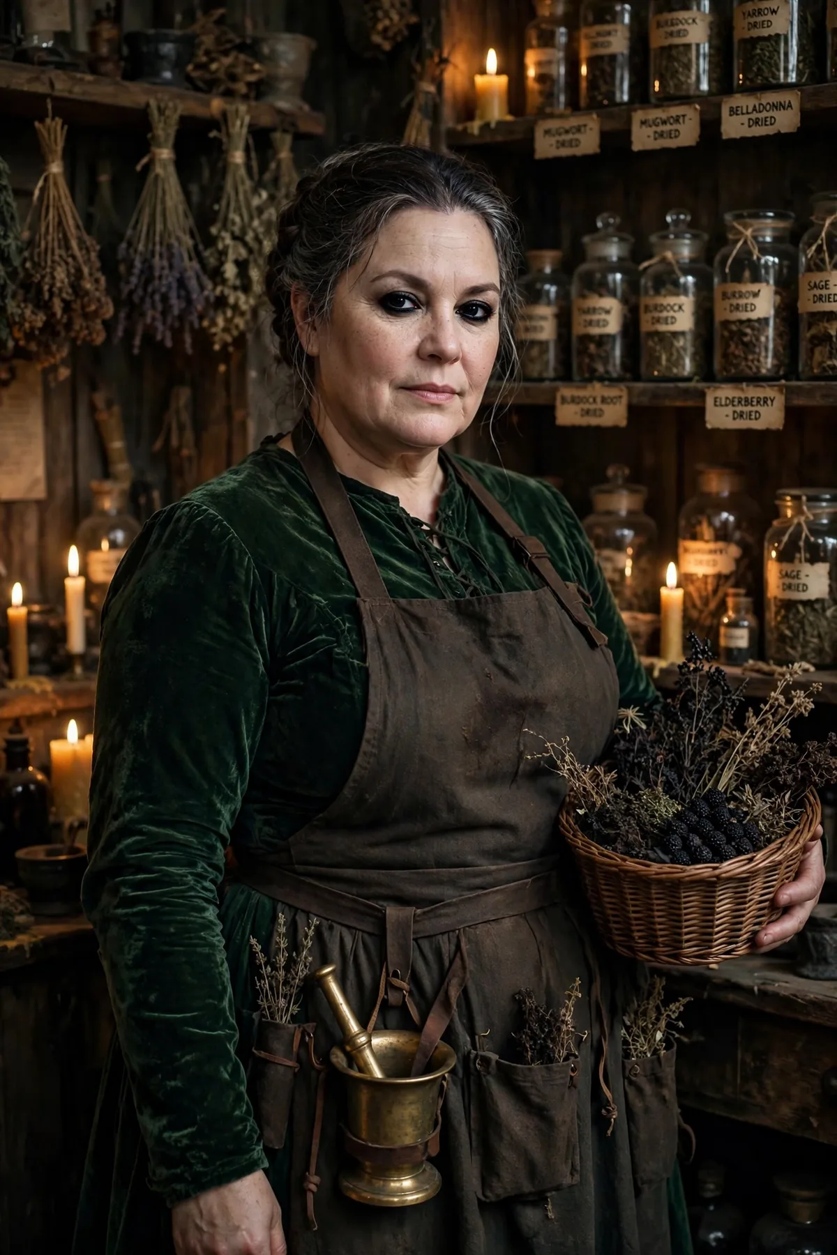 Plus size woman in a green dress and apothecary apron with a basket of dark herbs, a belladonna herbalist creepy Halloween costume