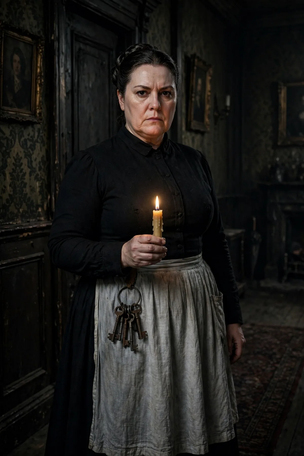 Plus size woman in a black dress and grayed apron with old keys, a haunted governess dark Halloween costume