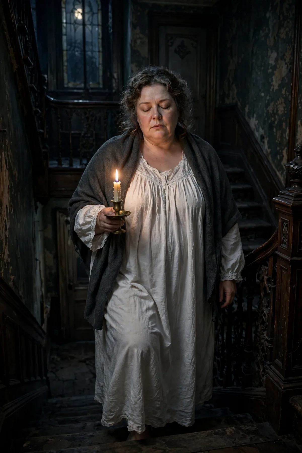 Plus size woman in a white nightgown and shawl holding a candle, a sleepwalker dark Halloween costume