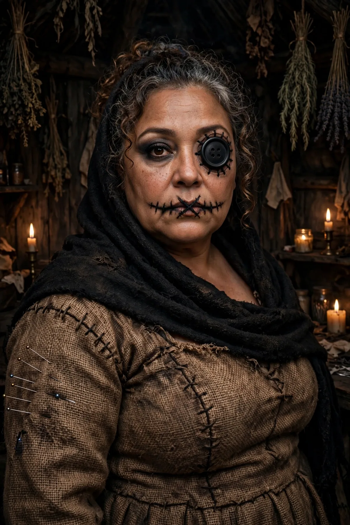 Plus size woman in a burlap dress with stitched mouth makeup, a voodoo doll creepy Halloween costume