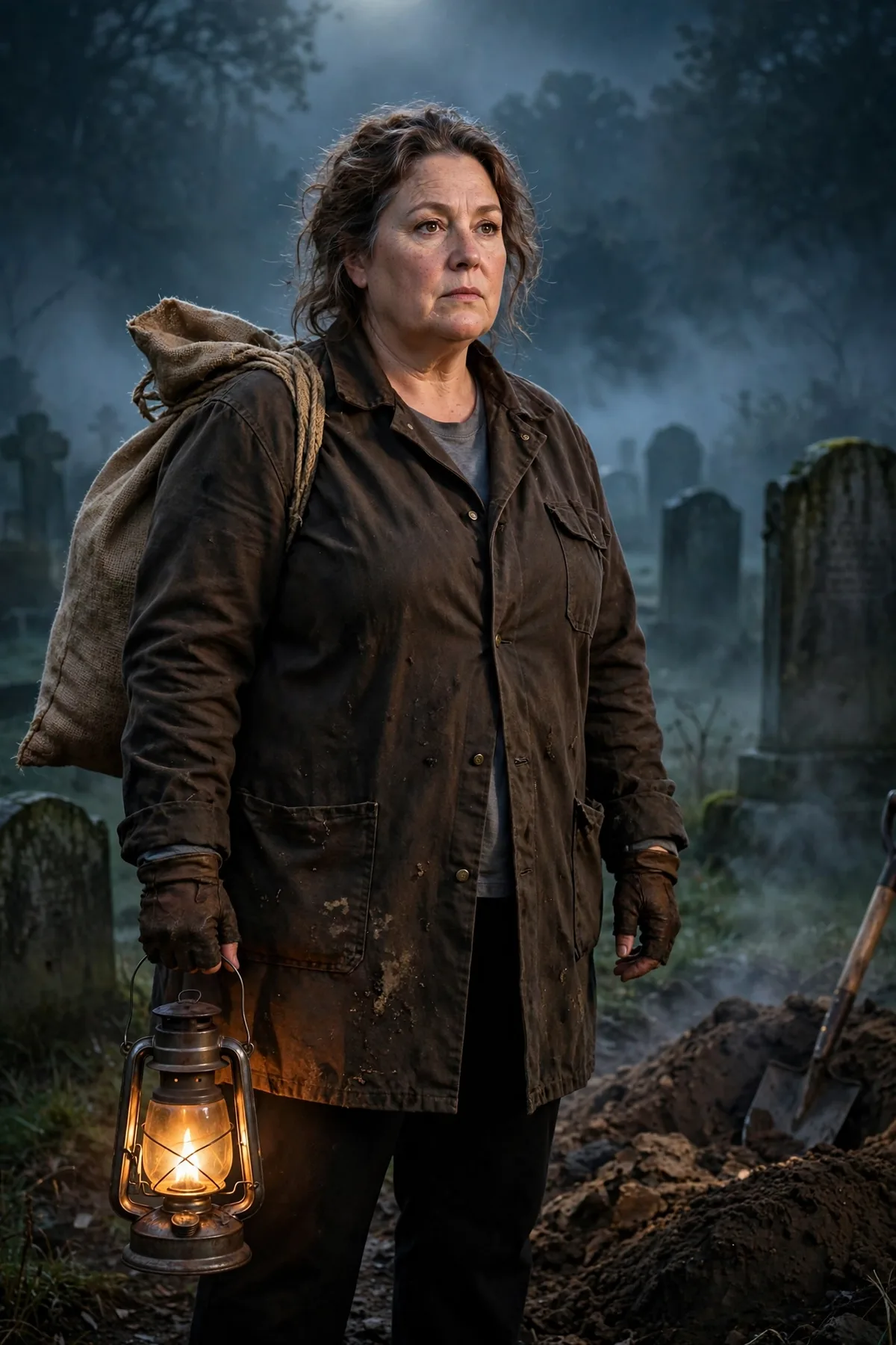 Plus size woman in a dark work coat holding a lantern, a grave robber creepy Halloween costume