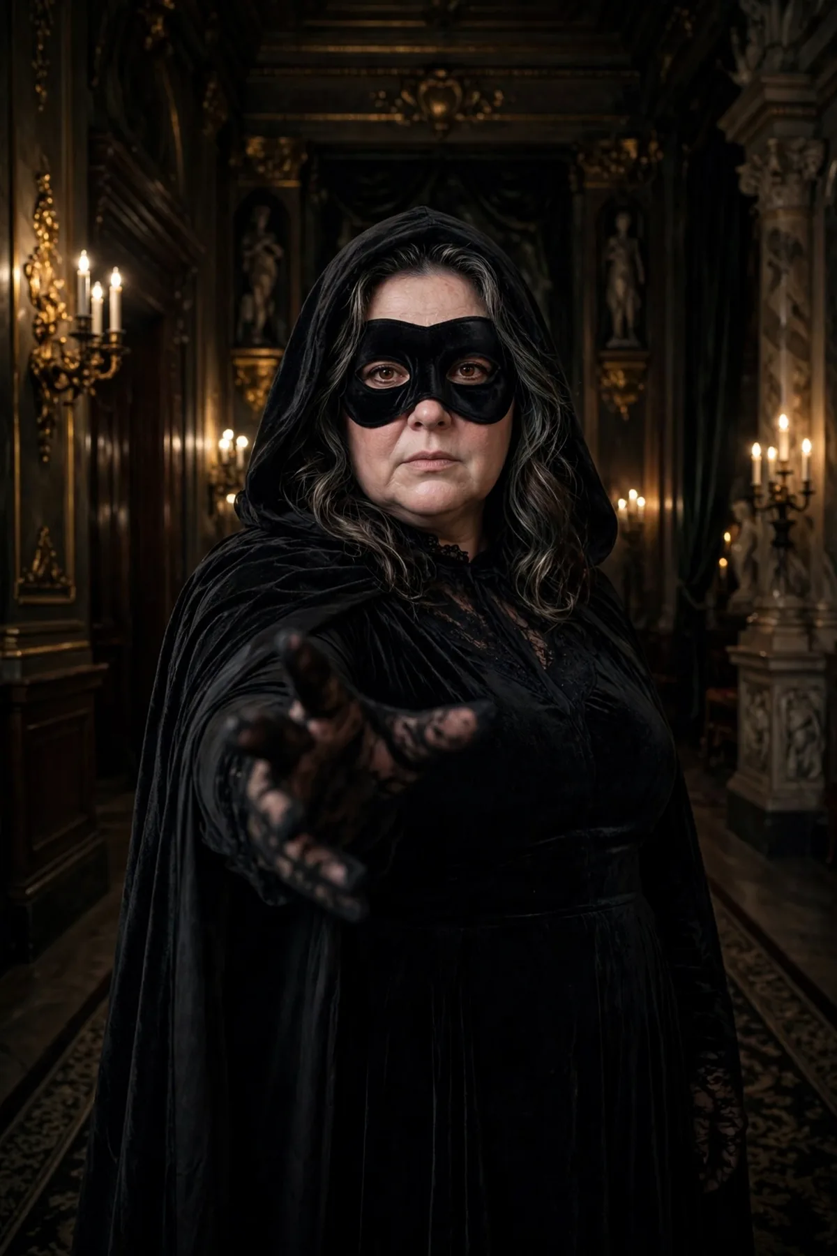 Plus size woman in a black dress and velvet half-mask, a masked phantom dark Halloween costume