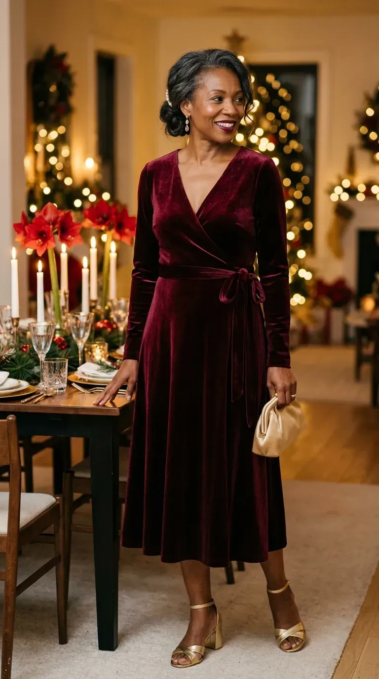 Woman over 50 in deep burgundy velvet wrap midi dress and gold sandals at a Christmas dinner