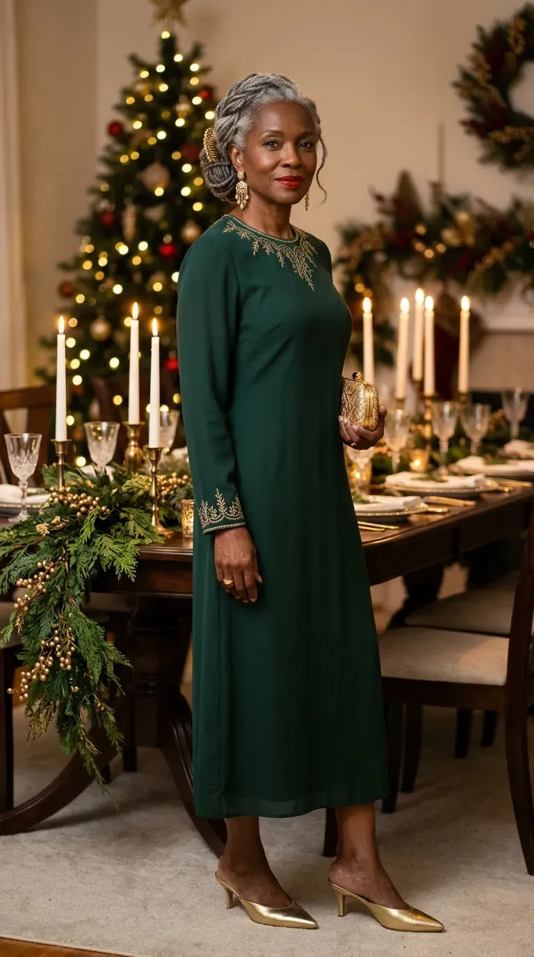 Woman over 50 in deep green embroidered midi dress and gold kitten mules at a Christmas formal dinner