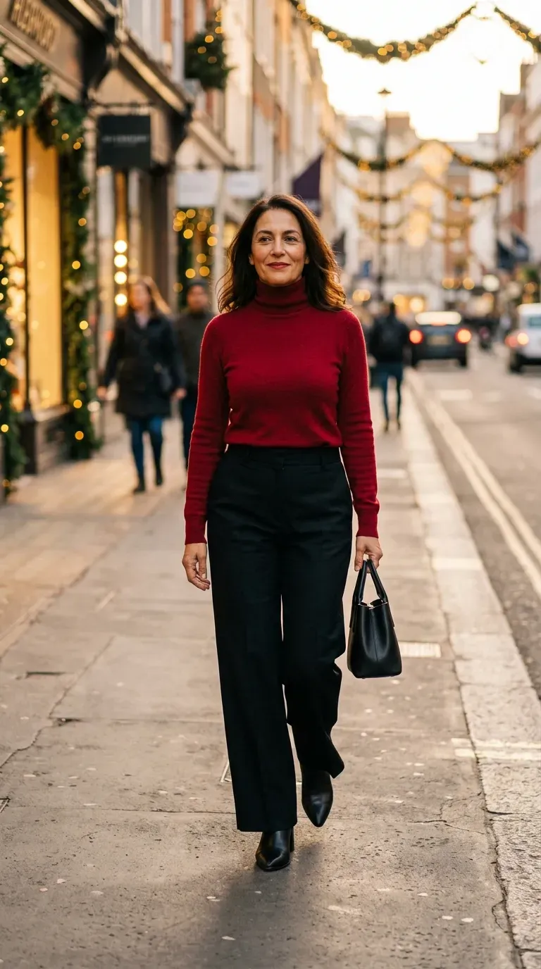 Woman over 40 in deep red cashmere roll-neck and wide-leg black trousers on a festive city street