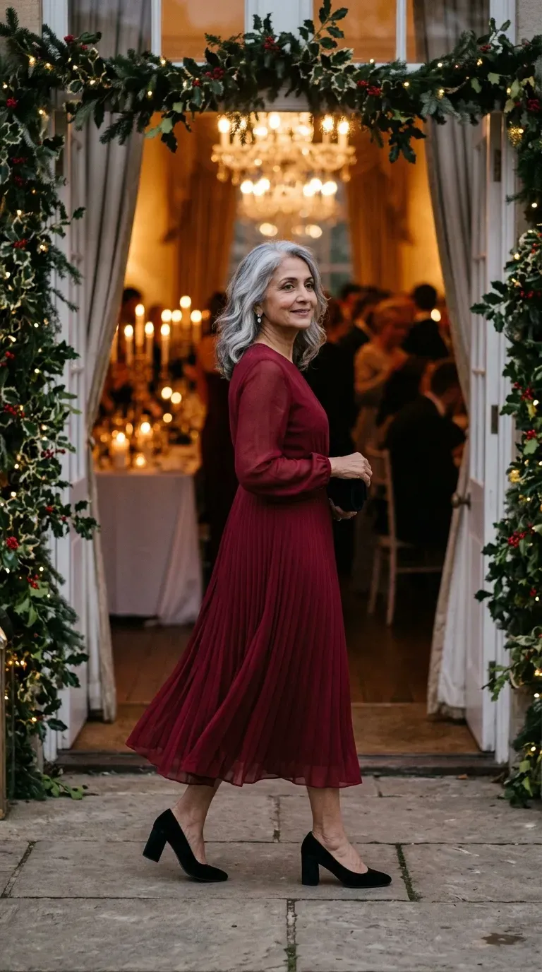 Woman over 50 in deep red chiffon midi dress and black velvet heels at a Christmas wedding