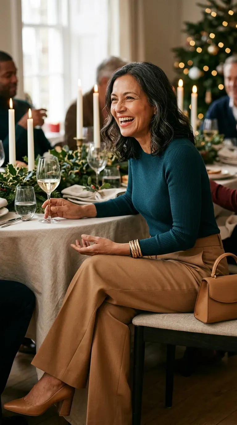 Woman over 50 in deep teal knit and camel wide-leg trousers at a Christmas Day lunch