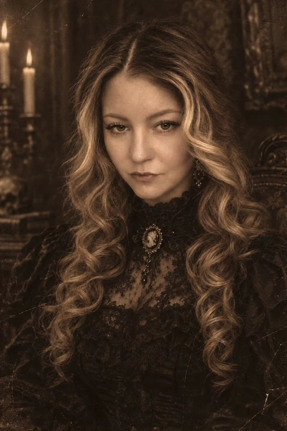 Woman over 50 in a vintage sepia-toned dress with an old-photograph look, a DIY haunted portrait Halloween costume