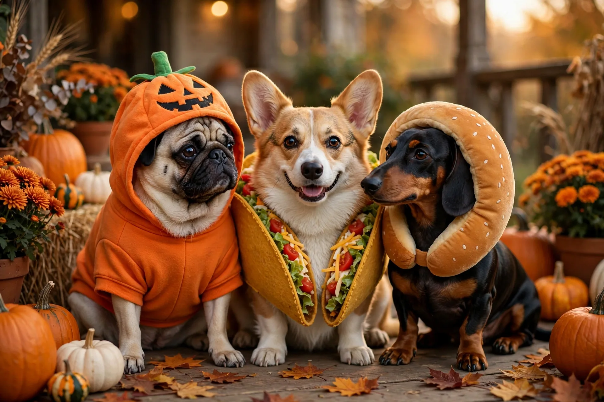 Three dogs in funny Halloween costumes on a pumpkin-decorated autumn porch: a pug in an orange pumpkin hoodie, a corgi in a taco costume and a dachshund in a hot dog bun