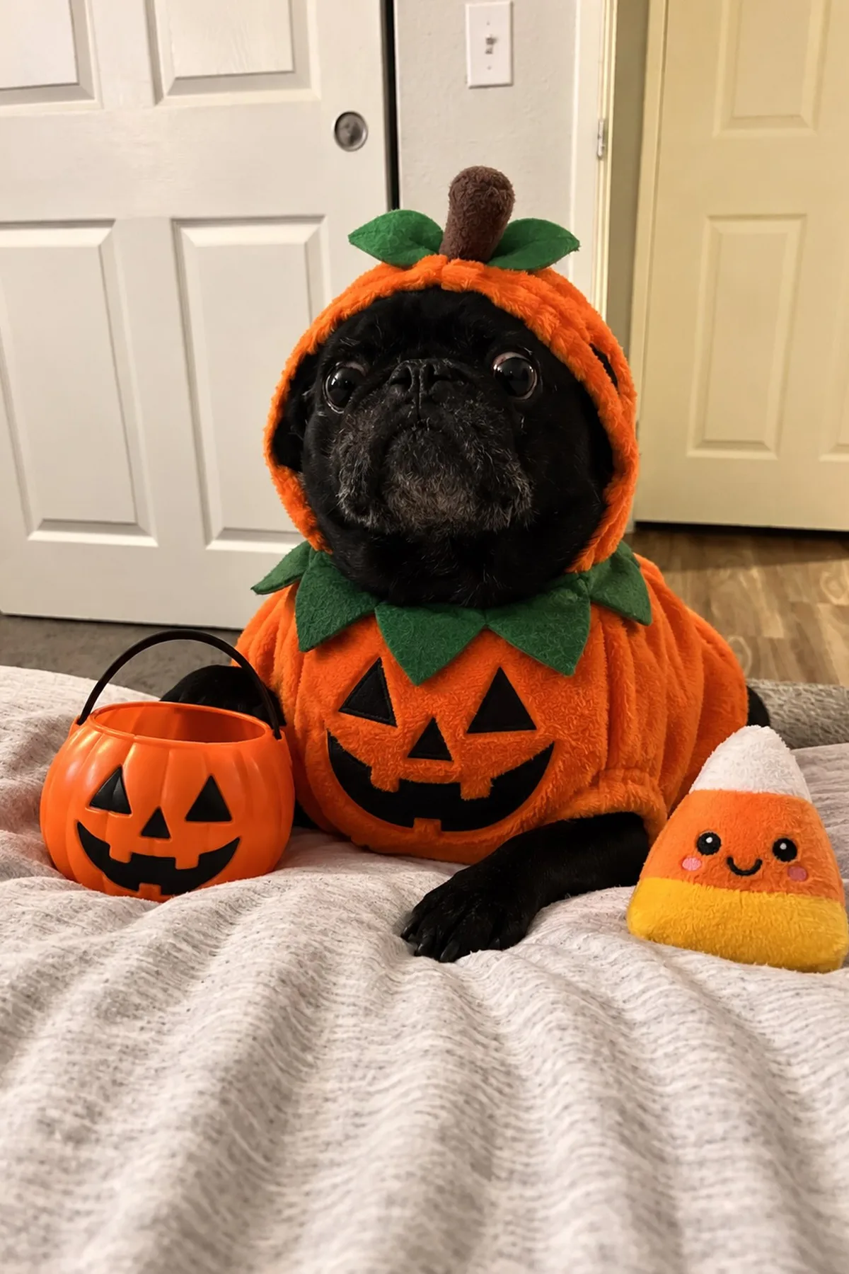 Pug in an orange pumpkin hoodie in a pumpkin patch, cozy Halloween dog costume