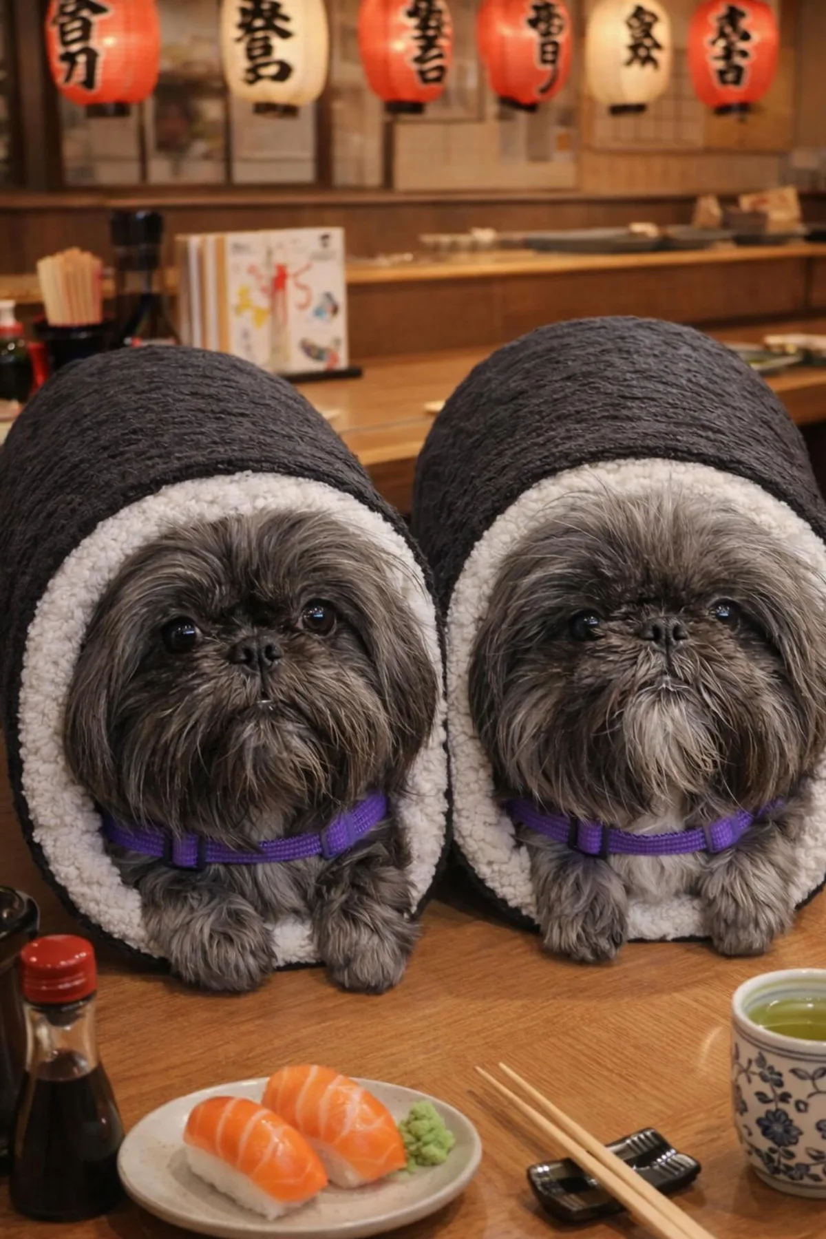 Shih Tzu in a plush sushi roll costume, funny dogs Halloween costumes idea