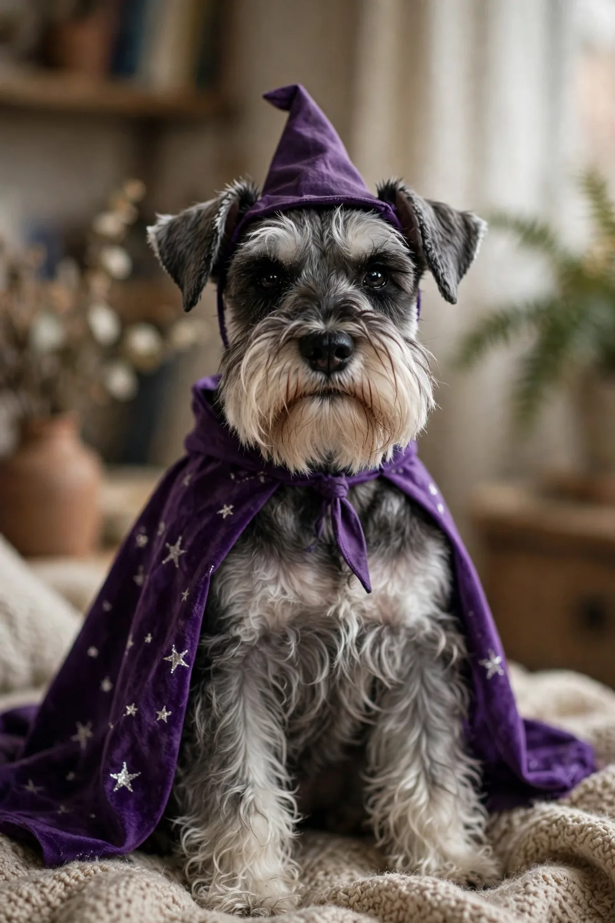 Schnauzer in a purple wizard cape and hat, easy Halloween costume for dogs