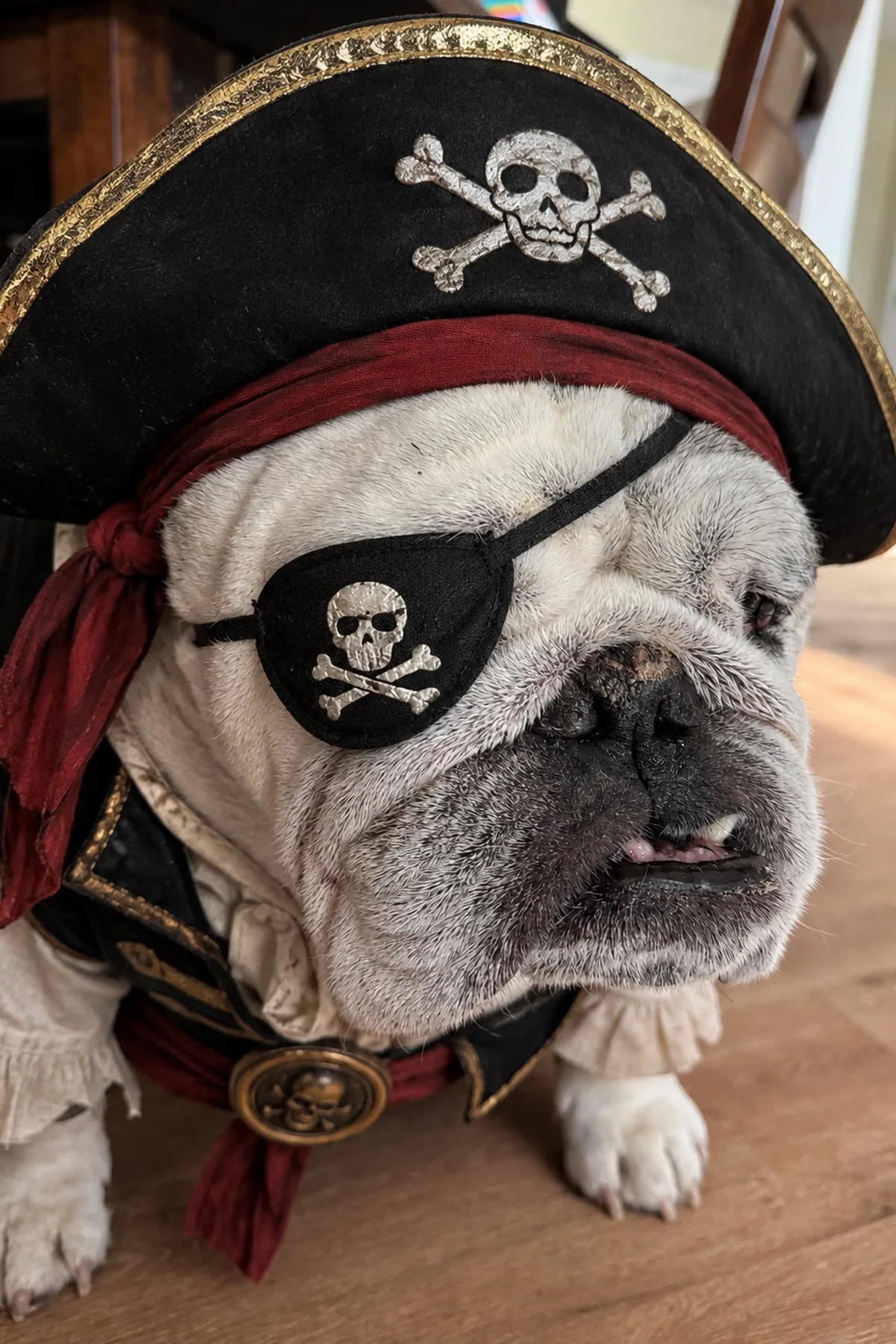 English bulldog dressed as a pirate with hat and eye patch on a dock