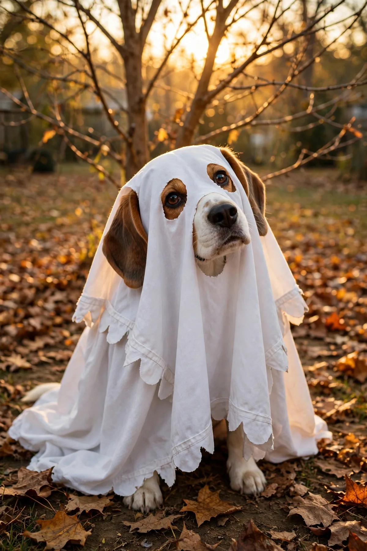 Beagle in a white ghost sheet costume with eye holes in a leafy backyard