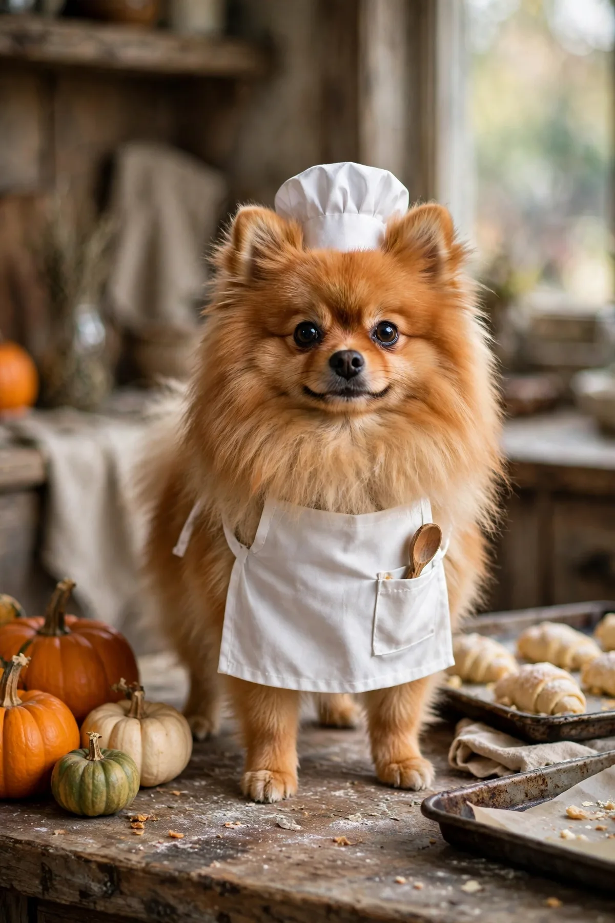 Pomeranian in a chef hat and apron on a kitchen counter, funny Halloween dog costume