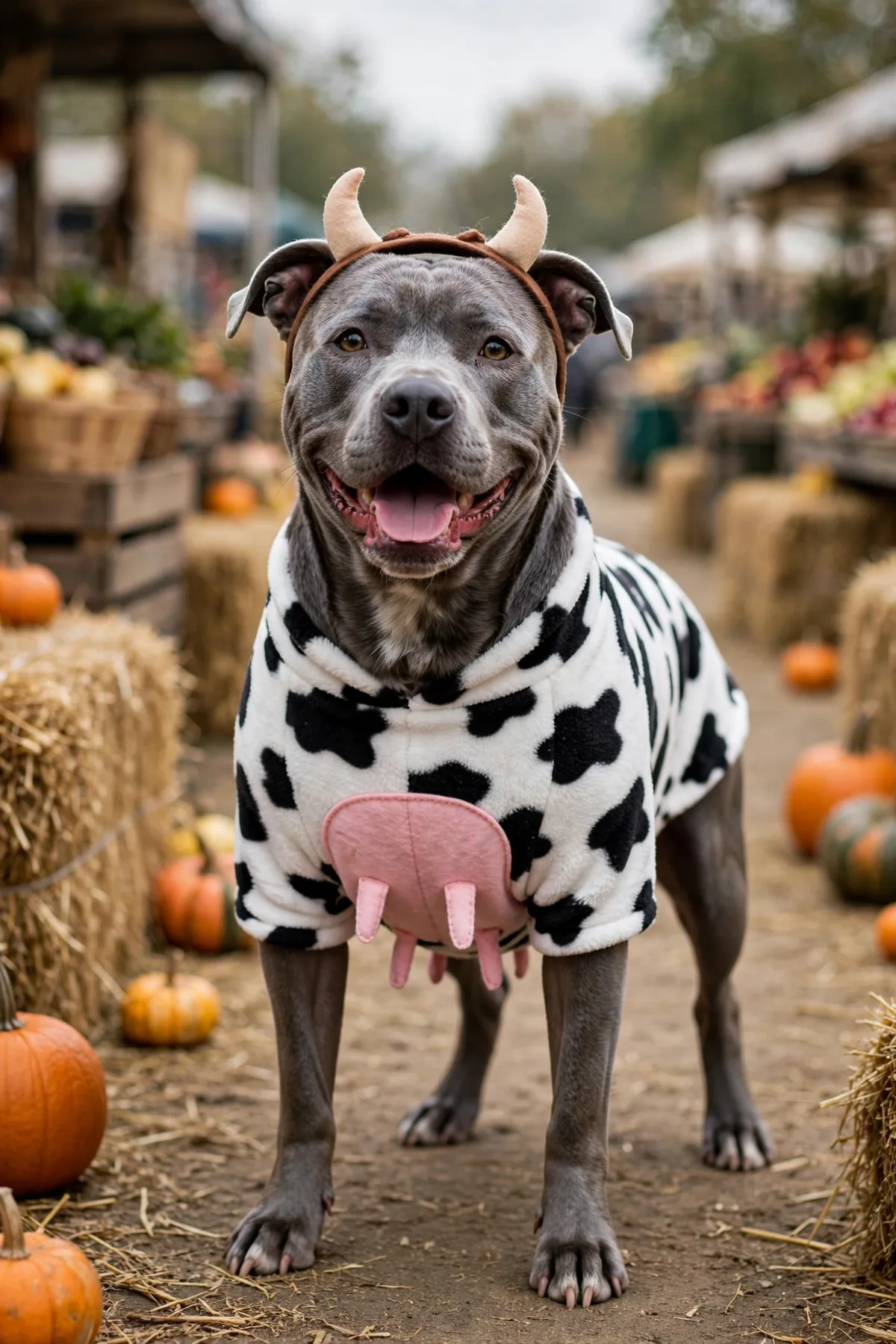Pit bull mix in a cow spot onesie at a farmers market, funny Halloween dog costume