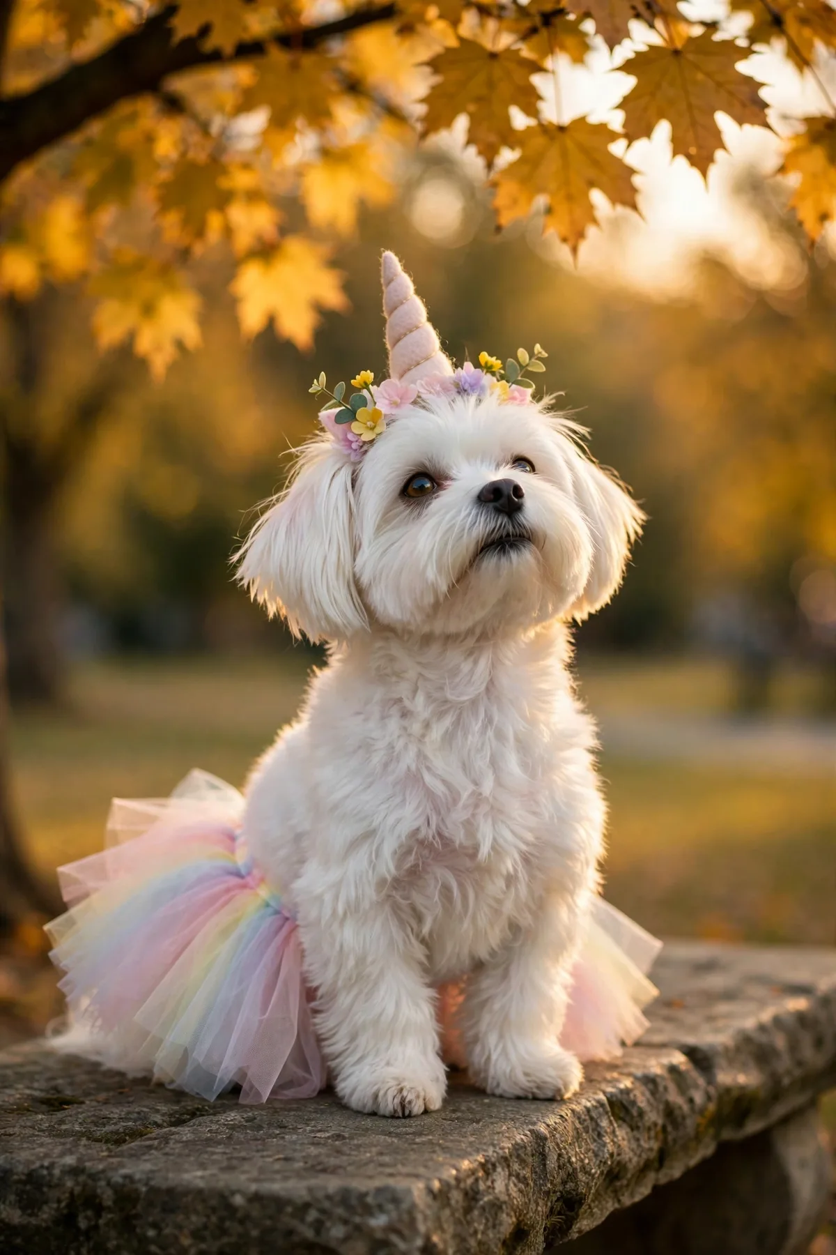 Maltese in a unicorn horn and pastel tutu on a park bench in autumn