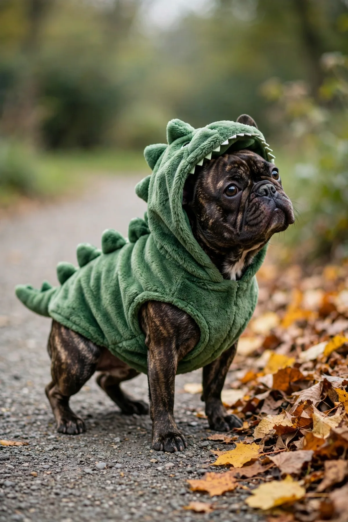 French bulldog in a green dinosaur costume with spikes standing by autumn leaves