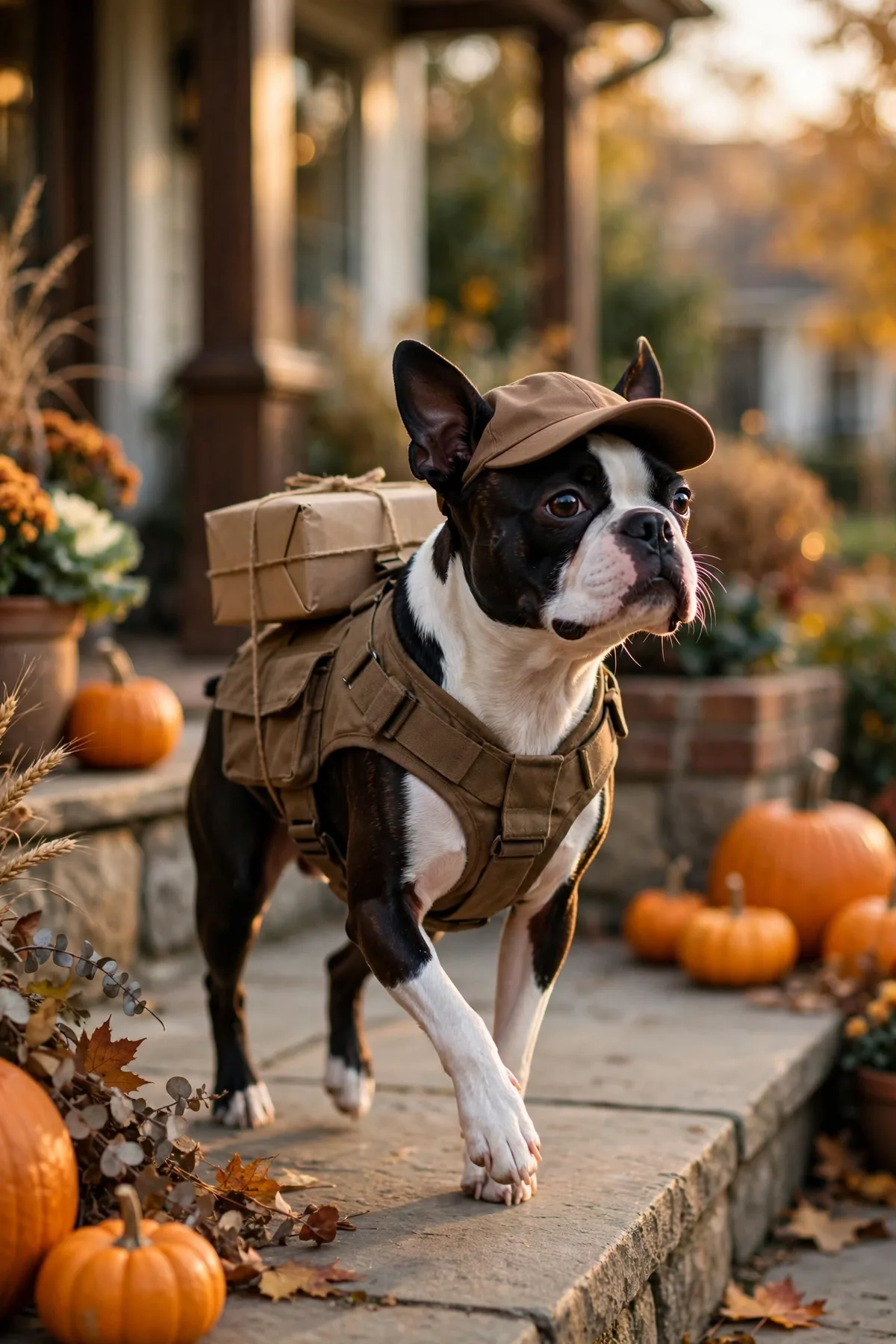Boston terrier in a brown vest and cap with a little parcel on a porch walkway