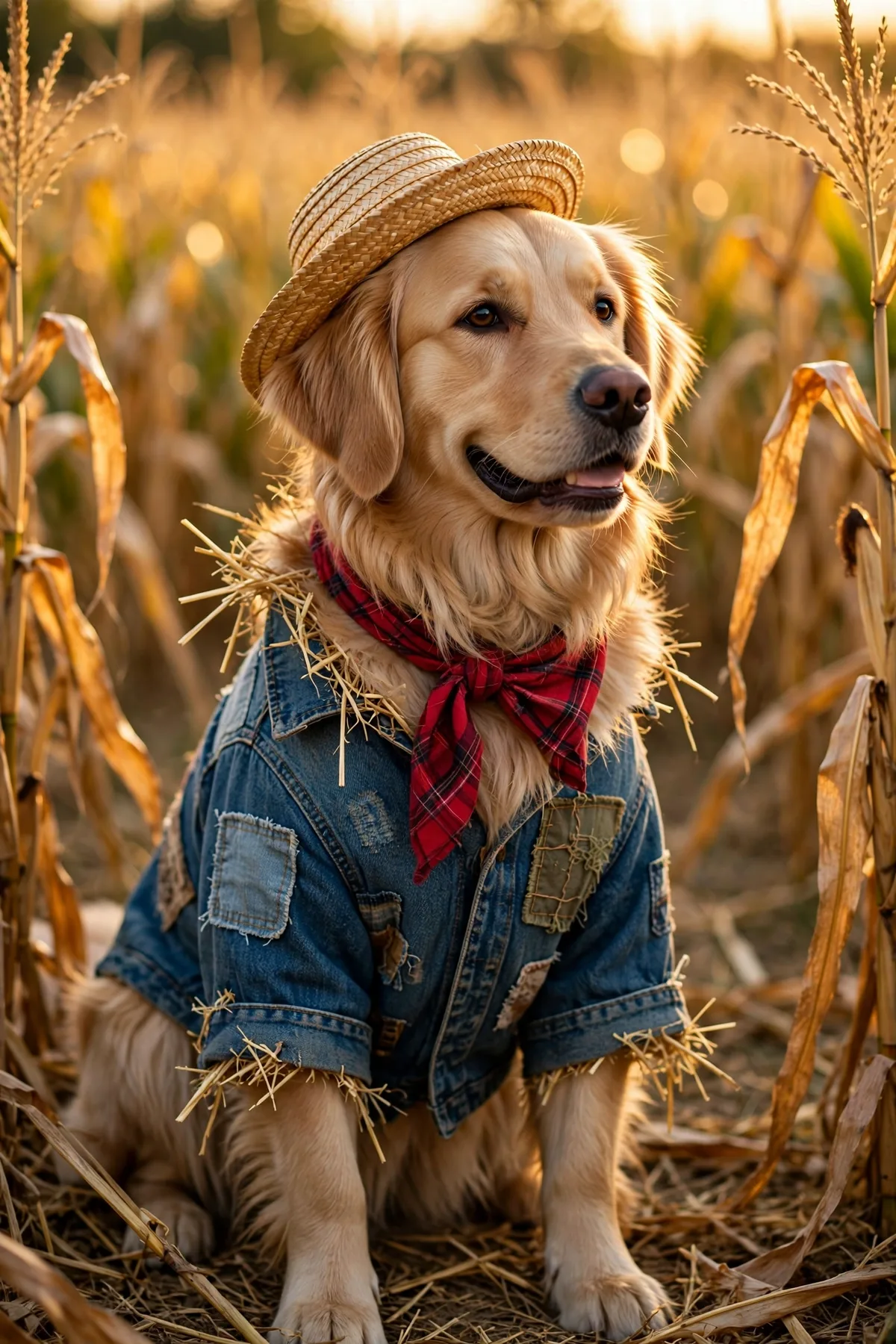 Golden retriever dressed as a scarecrow with straw hat in a cornfield