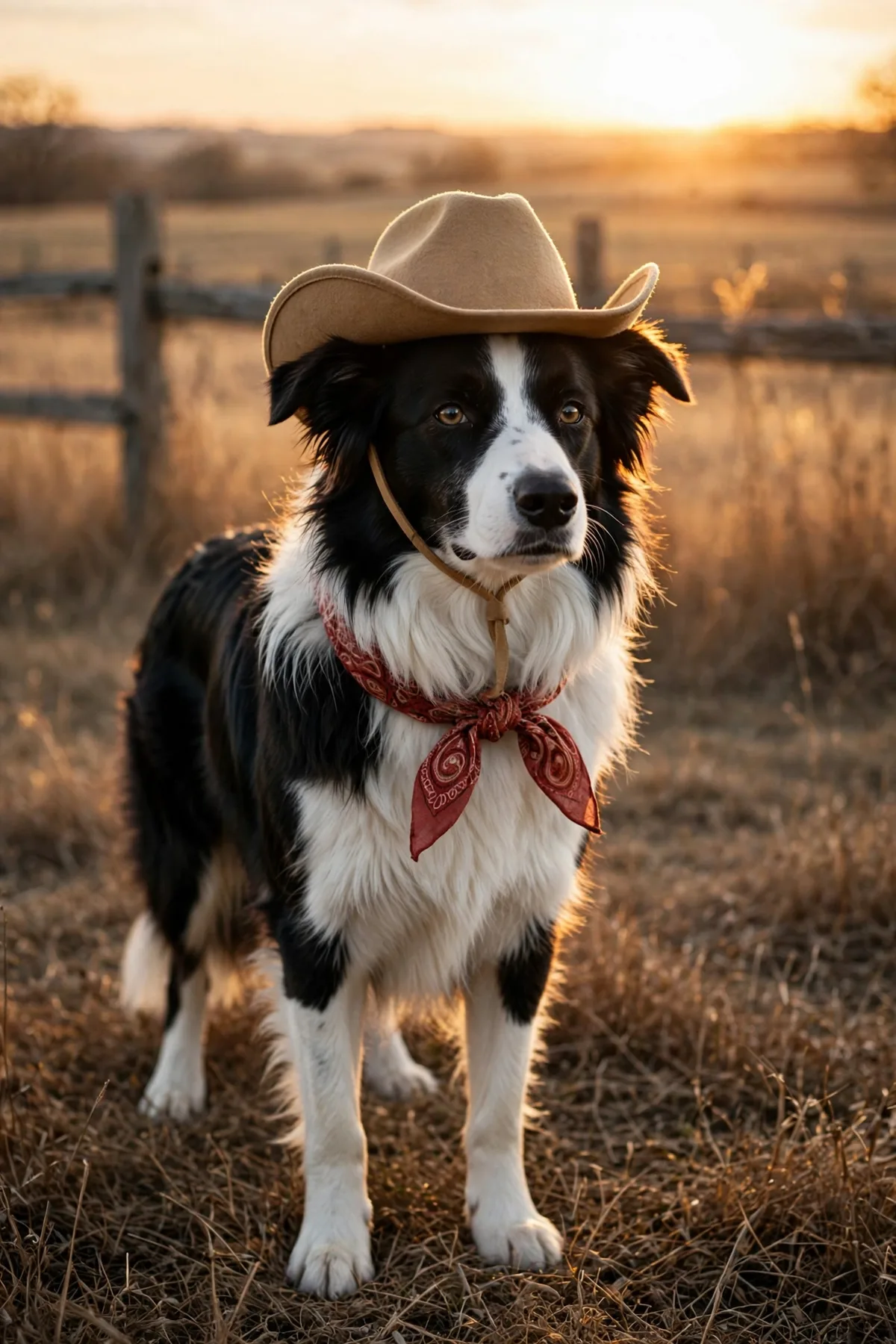 Border collie in a cowboy hat and red bandana in a field at sunset