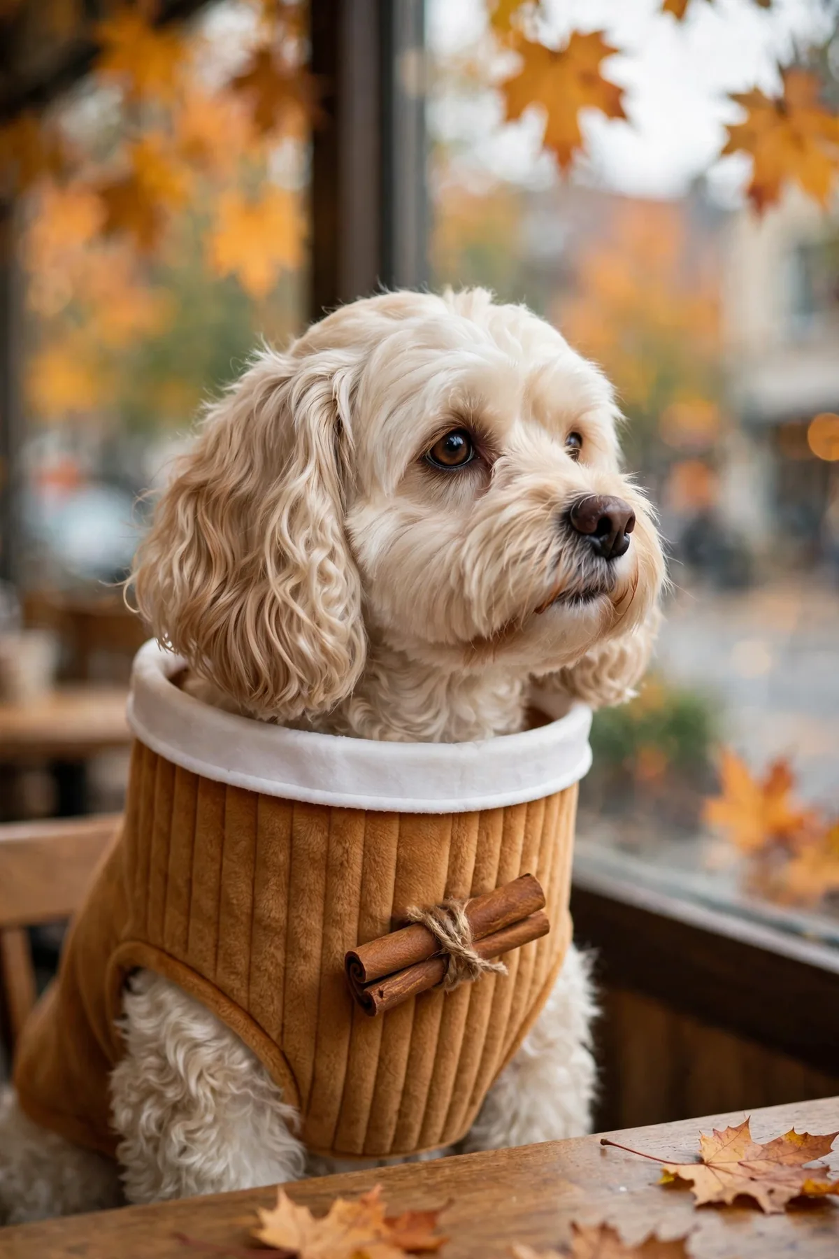 Cavapoo in a plush coffee cup costume at a cafe window in autumn
