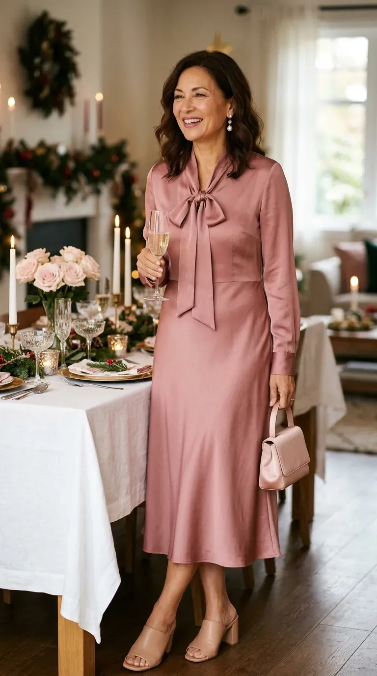 Woman over 50 in dusty rose silk midi dress and nude mules at an elegant Christmas Day lunch