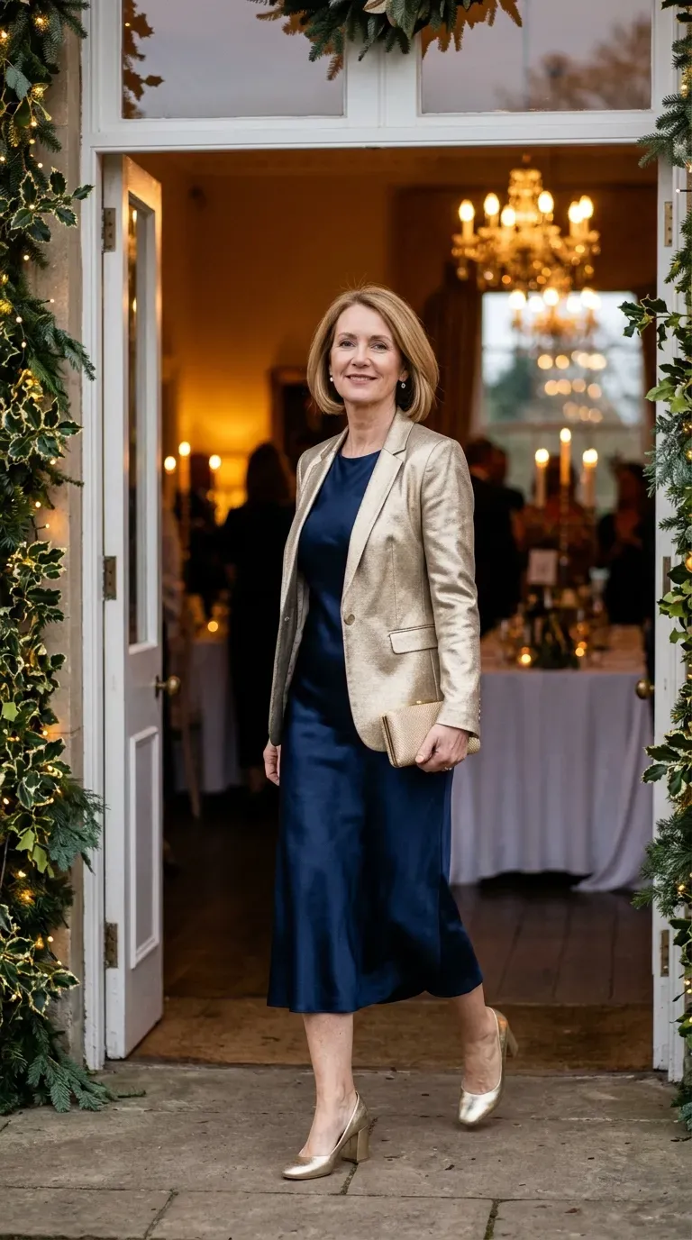 Woman over 50 in dusty rose velvet midi dress and nude kitten heels at a Christmas wedding