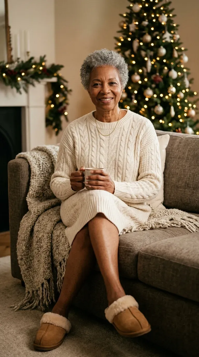 Woman over 50 in ecru cable knit sweater dress and cozy slippers for a movie night