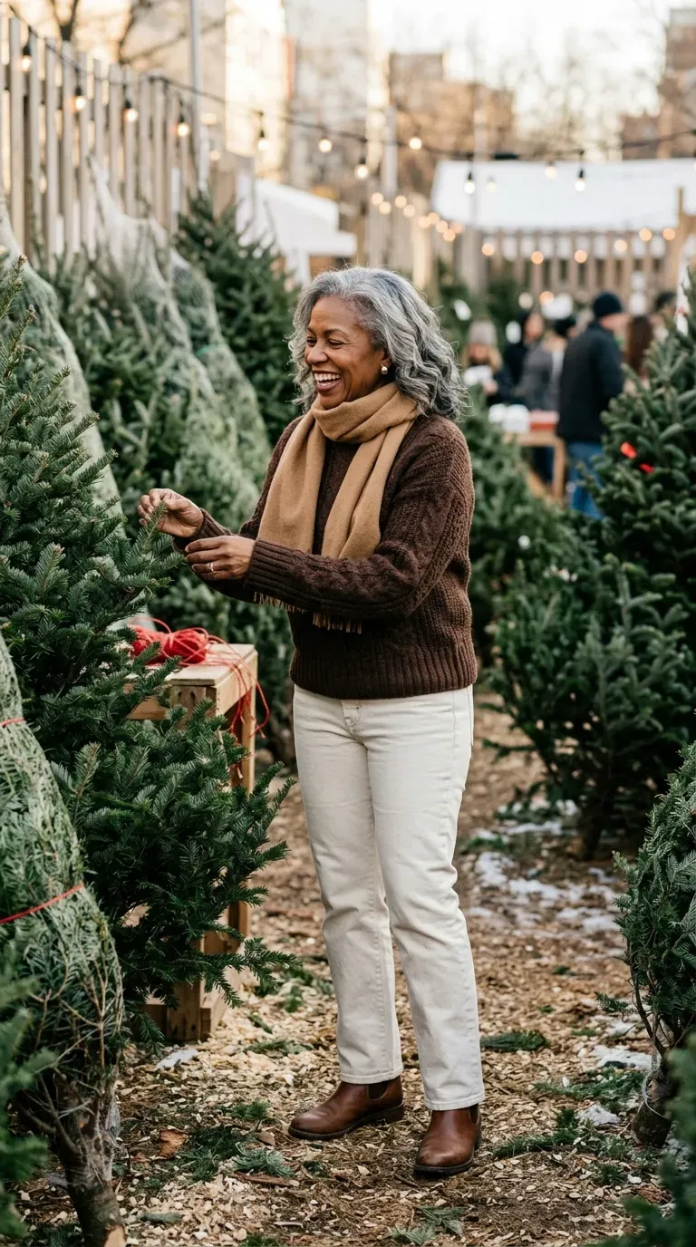Woman over 50 in ecru jeans, chocolate sweater and brown boots at a Christmas tree lot