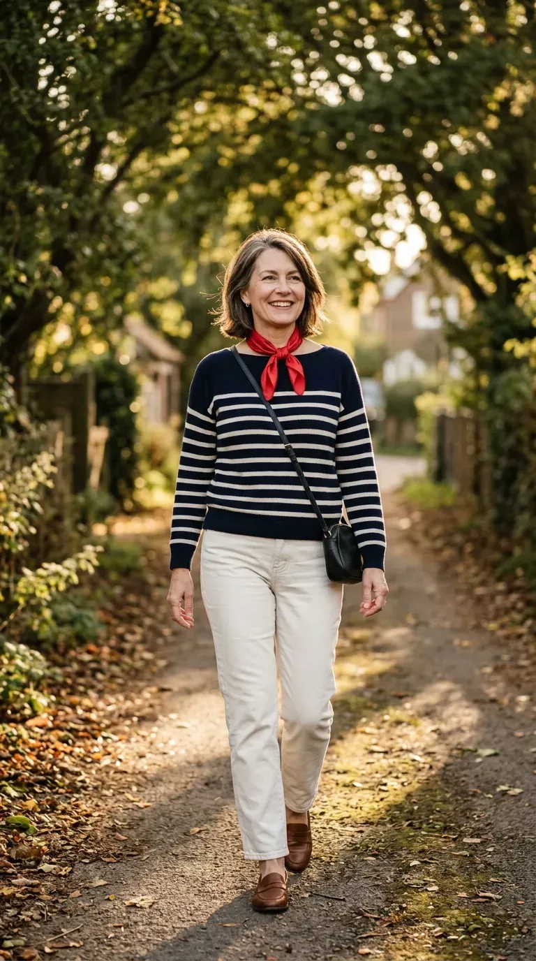 Woman over 50 in ecru jeans, striped knit and brown loafers